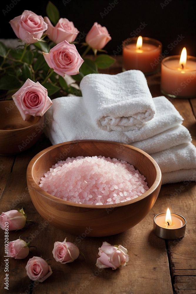 Wooden Bowl with Pink Bath Salt and a Stack of White Towels on a Wooden Table Wooden Bowl with Pink Bath Salt and a Stack of White Towels on a Wooden Table