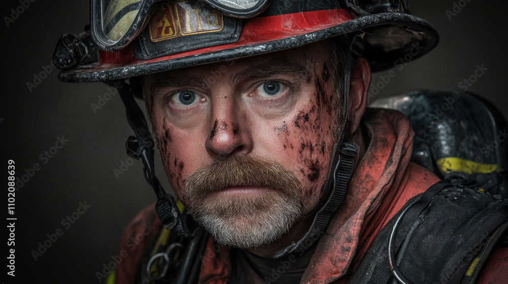 Portrait of firefighter in full gear with soot marks, showing determination and bravery Portrait of firefighter in full gear with soot marks, showing determination and bravery