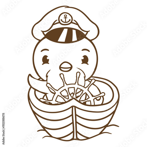 Little Bird Duck Boat Captain Funny Cute Sweet Fun Design Lover Art Vector Illustration Card T-Shirt Poster Sticker Graphic Print Decorative Drawing Isolated Logo Decoration Symbol Creative Cool Style