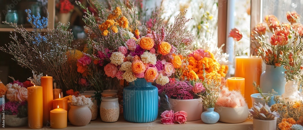 Vibrant and cozy autumn themed arrangement of floral bouquets candles ceramics and other decorative items creating a warm and inviting atmosphere for festive season gift shopping Vibrant and cozy autumn themed arrangement of floral bouquets candles ceramics and other decorative items creating a warm and inviting atmosphere for festive season gift shopping