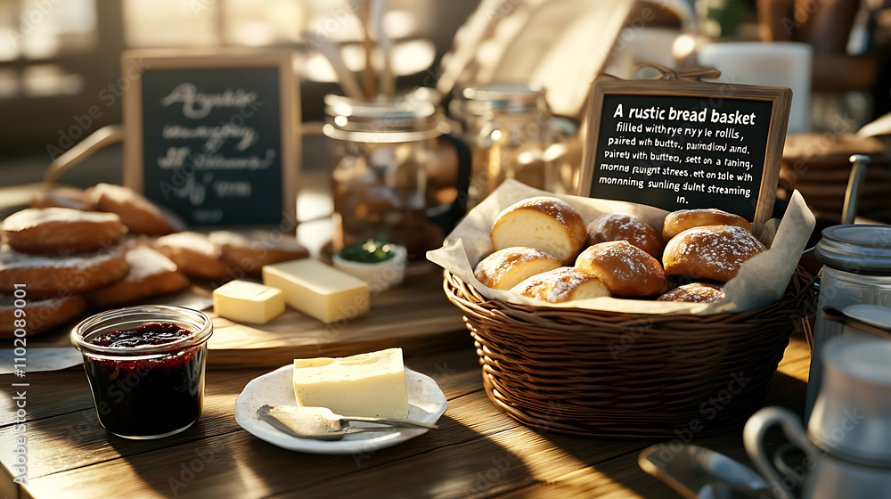 A rustic bread basket filled with rye rolls, paired with butter, jam, and a variety of cheeses A rustic bread basket filled with rye rolls, paired with butter, jam, and a variety of cheeses
