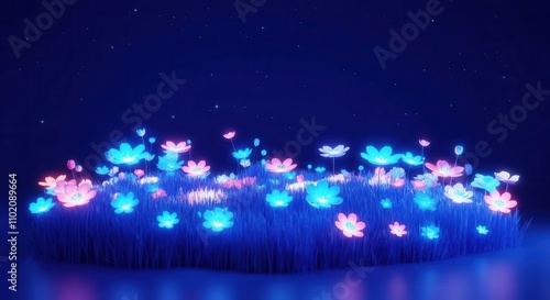 Enchanting field of illuminated flowers night sky