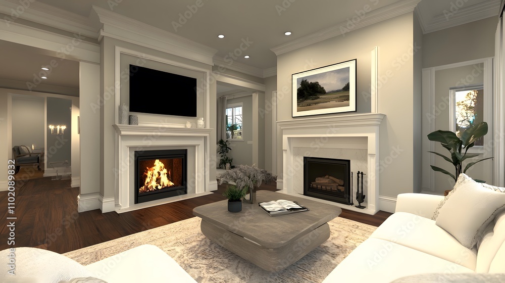 Cozy living room with white sofa, fireplace, and a coffee table Cozy living room with white sofa, fireplace, and a coffee table