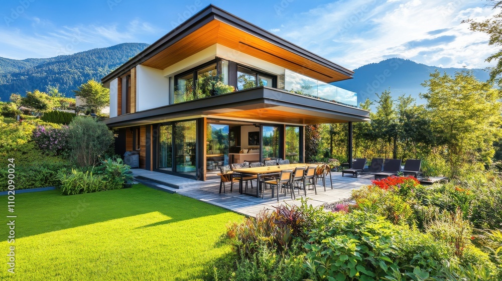 Modern house surrounded by lush greenery and mountains on a sunny day Modern house surrounded by lush greenery and mountains on a sunny day