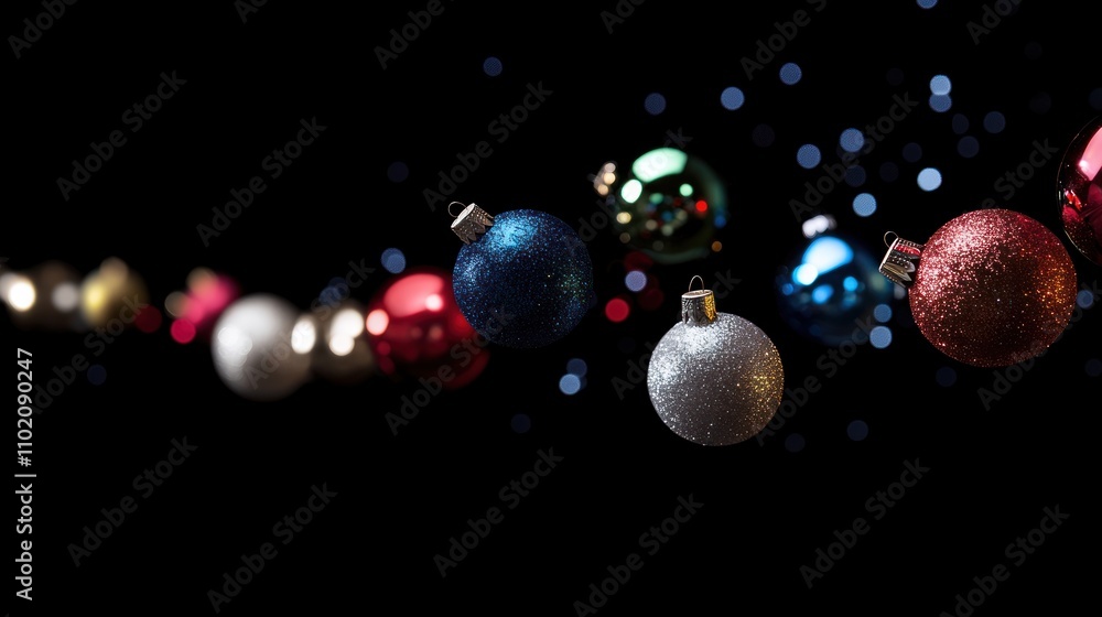 Glittery Christmas Ornaments Float Against Dark Background Glittery Christmas Ornaments Float Against Dark Background