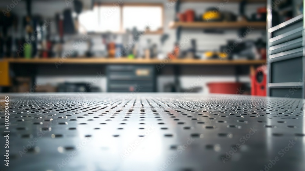 Empty, steel kitchen table with metal studs in the foreground and blurry garage tools on shelves behind it. Empty, steel kitchen table with metal studs in the foreground and blurry garage tools on shelves behind it.