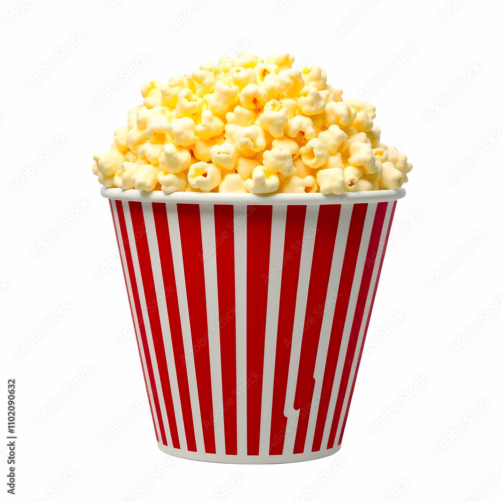 Popcorn bucket with iconic red and white stripes packed to the brim with golden popcorn Popcorn bucket with iconic red and white stripes packed to the brim with golden popcorn