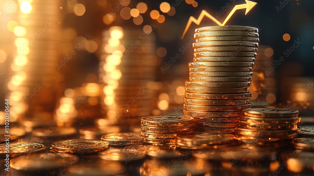 Golden Coins Stacked in a Pile, With Upward Arrow Concept Golden Coins Stacked in a Pile, With Upward Arrow Concept