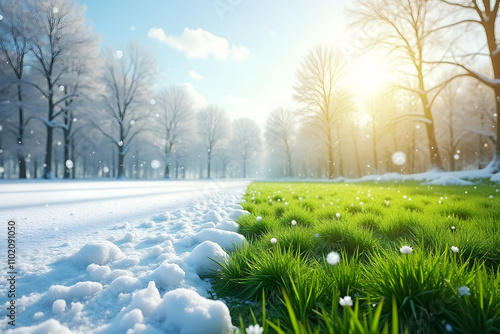 Manipulation showing transition from winter to spring with one side covered in snow and ice, and the other in green grass, highlighting seasonal changes, nature shift photo