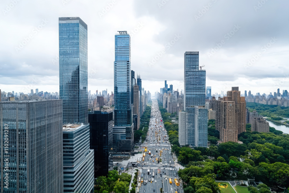 Fototapeta premium Aerial view of corporate headquarters and towering skyscrapers in a busy city street scene