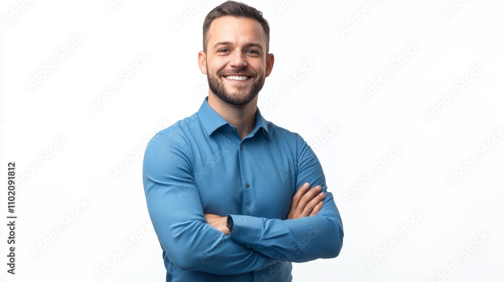 Handsome smiling business man in blue shirt standing with crossed arms, isolated on white background Handsome smiling business man in blue shirt standing with crossed arms, isolated on white background
