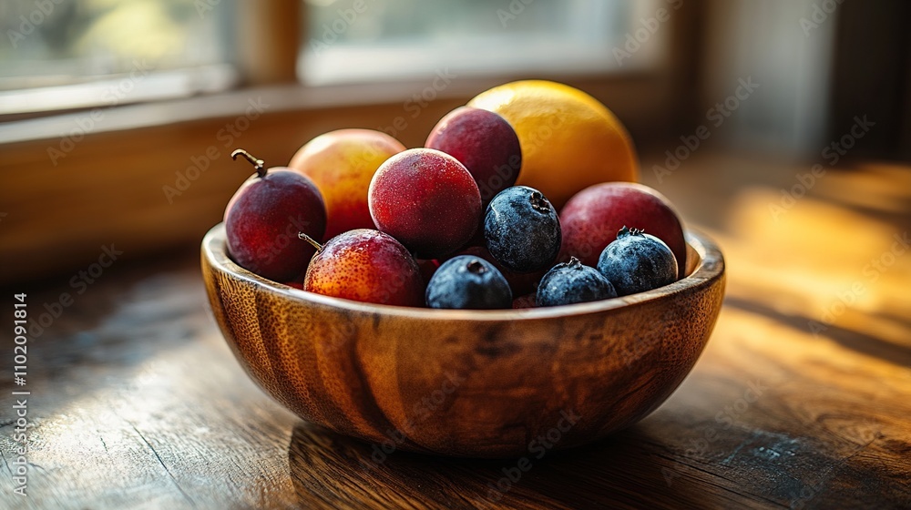 A wooden bowl filled with assorted plums and apricots.
A wooden bowl filled with assorted plums and apricots.