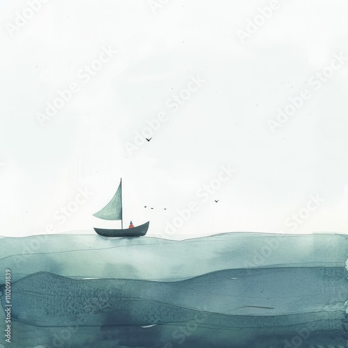 A serene watercolor painting of a small boat sailing on calm waters, evoking tranquility and a sense of adventure.