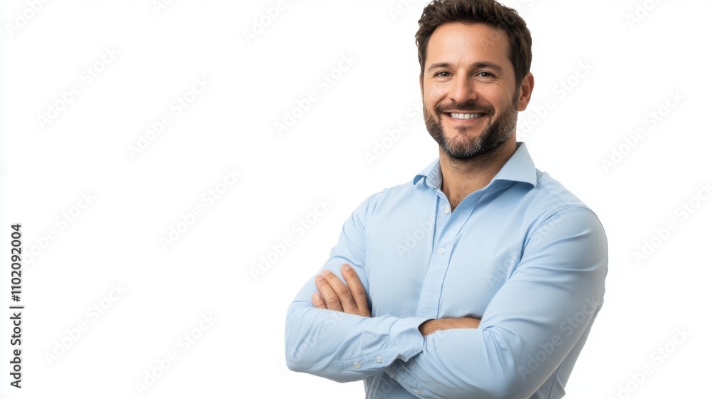 Handsome smiling business man in blue shirt standing with crossed arms, isolated on white background Handsome smiling business man in blue shirt standing with crossed arms, isolated on white background
