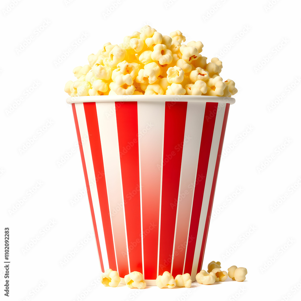 Popcorn bucket with iconic red and white stripes packed to the brim with golden popcorn Popcorn bucket with iconic red and white stripes packed to the brim with golden popcorn