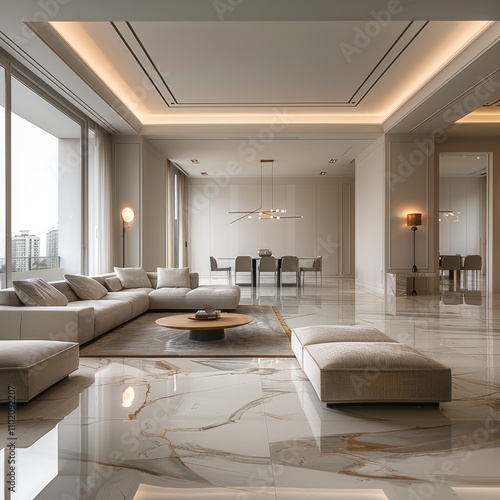 Minimalist interior design for a living room, marble flooring with a white false ceiling, indirect light and spot lights, modern furniture, open space living area with a dining table in the back.