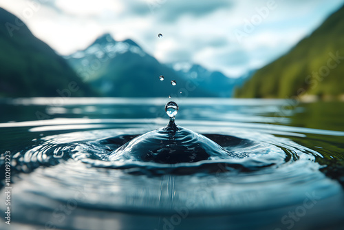 Wassertropfen in idyllischer Berglandschaft mit malerischen Reflexionen

 photo