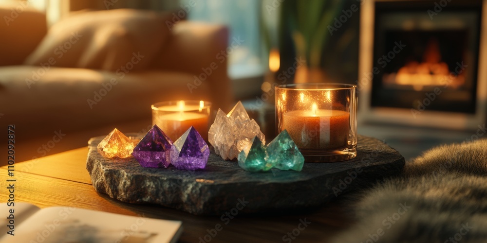 Cozy Scene with Crystals and Candles on Wooden Table Cozy Scene with Crystals and Candles on Wooden Table
