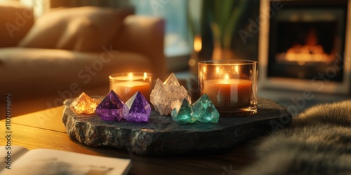 Cozy Scene with Crystals and Candles on Wooden Table