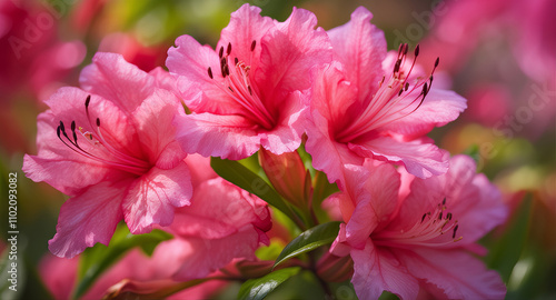 Bright pink azalea flowers in full bloom, capturing their delicate petals and vivid colors against a blurred natural background.