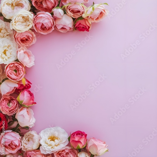 Wallpaper Mural The image features a beautiful arrangement of roses in various shades of pink, white, and cream, forming a loose border along the edges of a soft pink background. The flowers are lush and full, showca Torontodigital.ca
