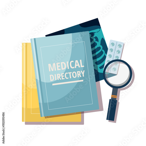 Medical education and research. Medical books, x-ray picture and magnifying glass