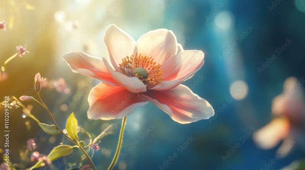A captivating anemone flower shining in soft spring sunlight. A captivating anemone flower shining in soft spring sunlight.