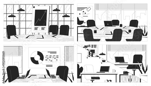 Boardroom table meeting room black and white line illustrations set. Desk presentation chart 2D interiors monochrome backgrounds. Workplace office. Business startup outline vector images collection