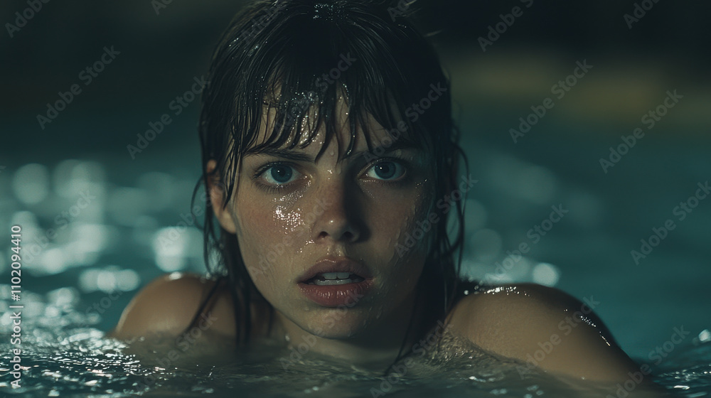 Portrait of woman with wet hair emerging from pool, expressing surprise Portrait of woman with wet hair emerging from pool, expressing surprise