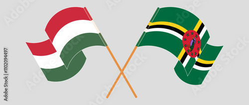 Crossed and waving flags of Hungary and Dominica. Vector illustration