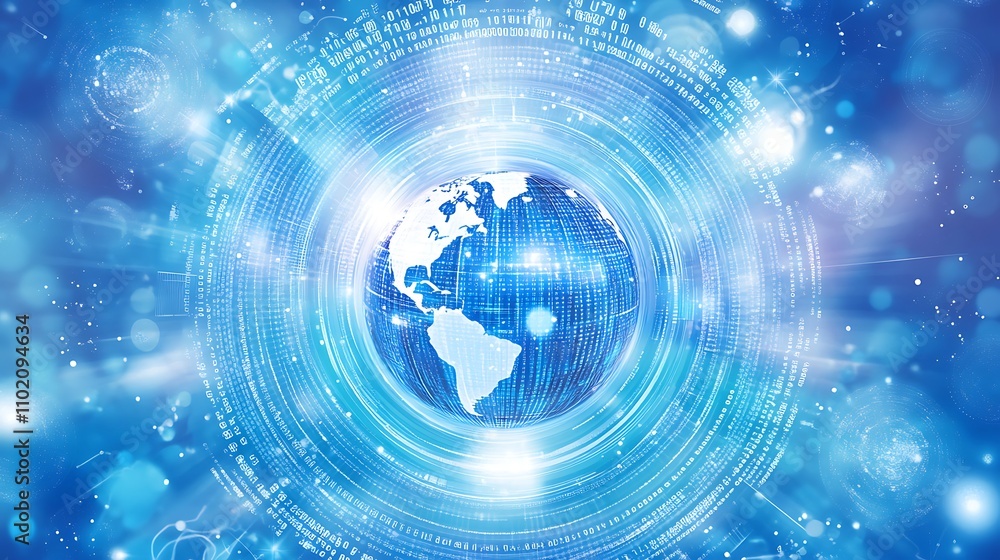 Obraz premium Digital globe showcasing swirling data patterns surrounding the Earth in a futuristic design