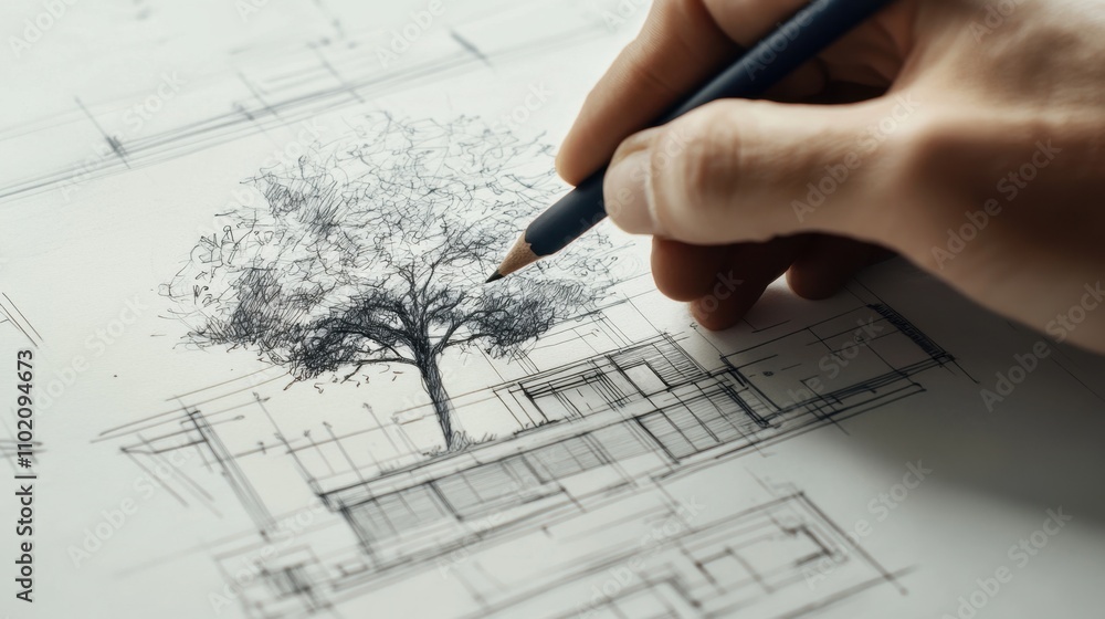 A creative blueprint of an abstract tree emerges under the focused sketching of a dedicated architect's hands. A creative blueprint of an abstract tree emerges under the focused sketching of a dedicated architect's hands.