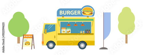 ハンバーガーを販売するフードトラックのイラスト。軽食を移動販売車で売るカフェビジネス。黄色いトラックの隣に置かれた看板とのぼり旗のセット。