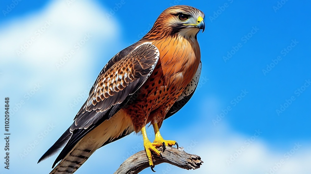 Fototapeta premium A majestic hawk perched on a branch against a blue sky.