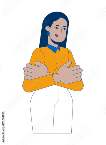 Indian female office worker arms folded 2D cartoon character. South asian woman employee business casual crossed arms isolated person flat vector on white background. Spot illustration colorful