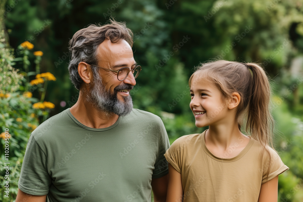 smiling father and daughter looking at each other outdoor on nature background smiling father and daughter looking at each other outdoor on nature background
