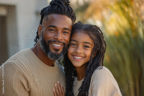 Portrait of a smiling father and daughter looking at camera outdoor