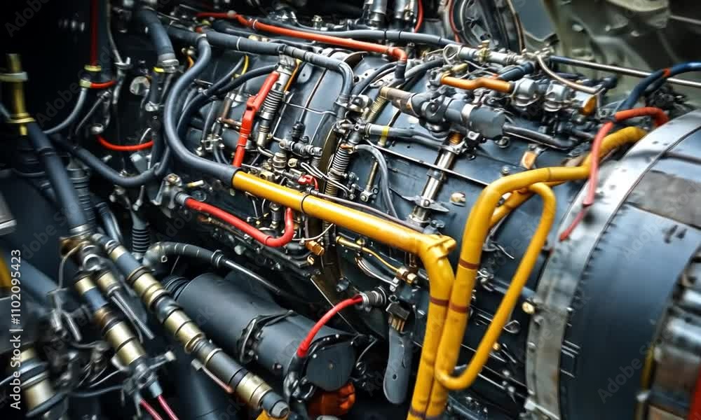 Detailed Close-Up of an Aircraft Engine Showing Intricate Mechanical Parts, Pipes, and Wiring in a Complex Arrangement Within the Aerospace Industry Context Detailed Close-Up of an Aircraft Engine Showing Intricate Mechanical Parts, Pipes, and Wiring in a Complex Arrangement Within the Aerospace Industry Context