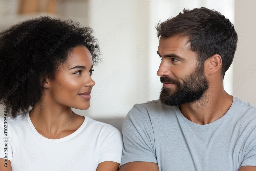 Portrait of a mixed ethnic couple looking at each other at home Portrait of a mixed ethnic couple looking at each other at home