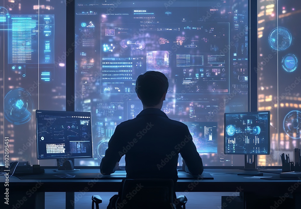 Business professional analyzing data on multiple screens in a modern office environment at night Business professional analyzing data on multiple screens in a modern office environment at night