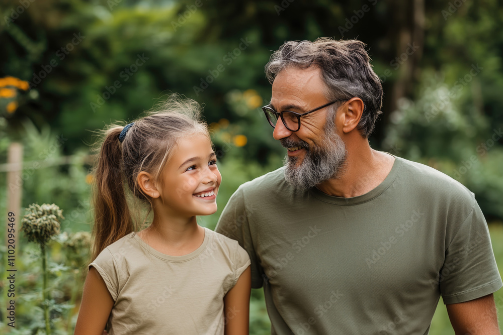 smiling father and daughter looking at each other outdoor on nature background smiling father and daughter looking at each other outdoor on nature background