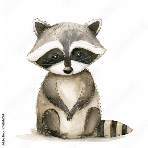 A cute cartoon raccoon character sitting down, featuring large expressive eyes and a fluffy tail, perfect for children's illustrations.