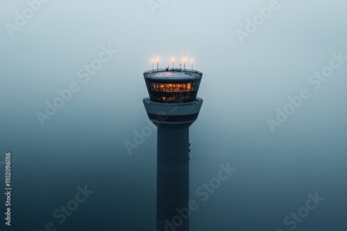 aviation landscape, an airplane ascends into the clouds against the backdrop of a towering air traffic control structure on the horizon photo