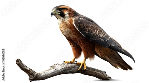 A falcon perched on a branch, its eyes focused ahead, with wings slightly raised, isolated on white photo