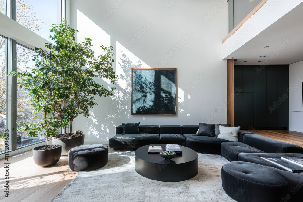 Enhance your scandinavian living space with cylindrical black furniture and natural elements wall art template in a modern studio environment Enhance your scandinavian living space with cylindrical black furniture and natural elements wall art template in a modern studio environment
