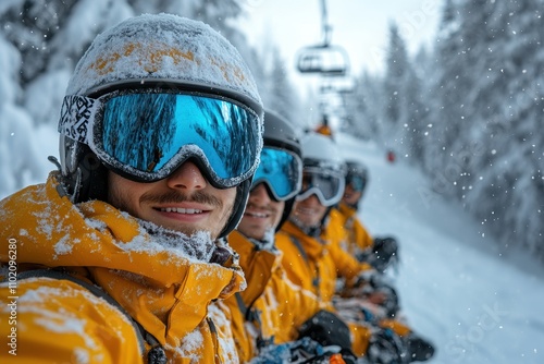 Open chairlift at a ski resort with breathtaking views of snowy peaks and slopes. photo