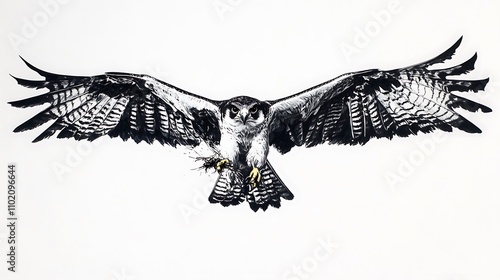 A falcon catching prey in the air, its wings in a spread-out position and talons extended, captured against a white background photo