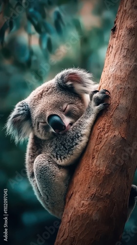 Adorable Koala Bear Sleeping Tranquilly on Eucalyptus Tree in Australian Bush photo