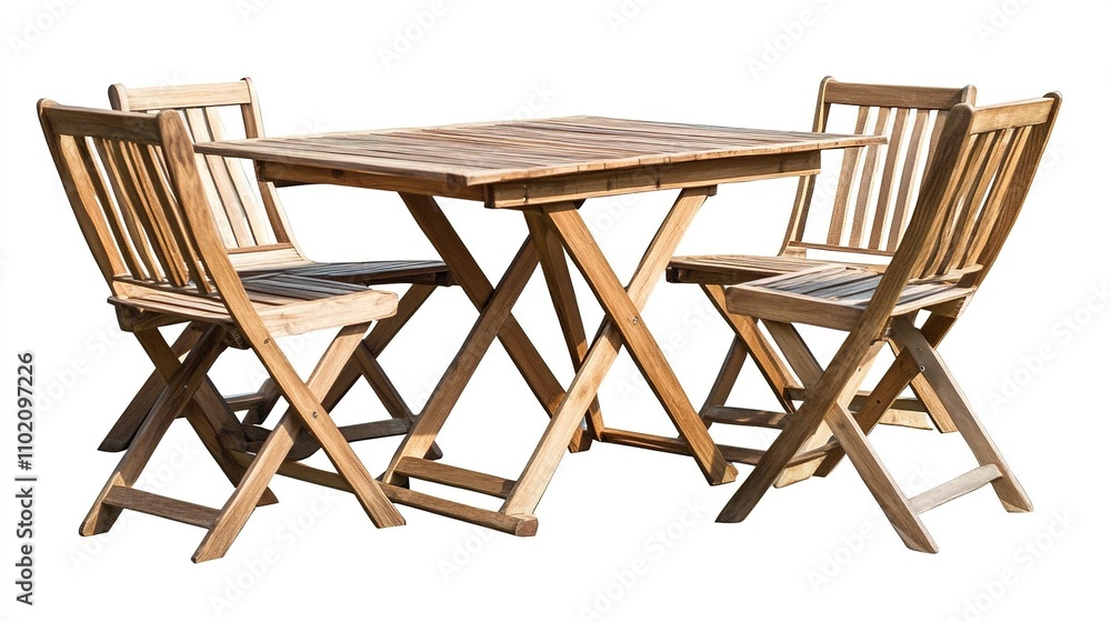 Wooden Table Set in Summer Garden with Four Folding Chairs Wooden Table Set in Summer Garden with Four Folding Chairs