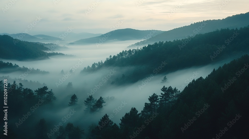 The early morning mist rolling through a forest valley, with the tops of trees just visible above the fog The early morning mist rolling through a forest valley, with the tops of trees just visible above the fog